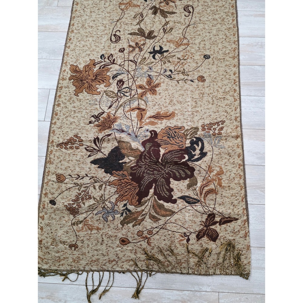 Pashmina 90%‎ Cashmere 10% Silk Long Floral Scarf Shawl Wrap Brown Gold Fringe - Picture 11 of 13